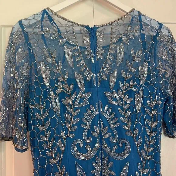 Adrianna Papell blue embellished beaded overlay mermaid occasion dress 12